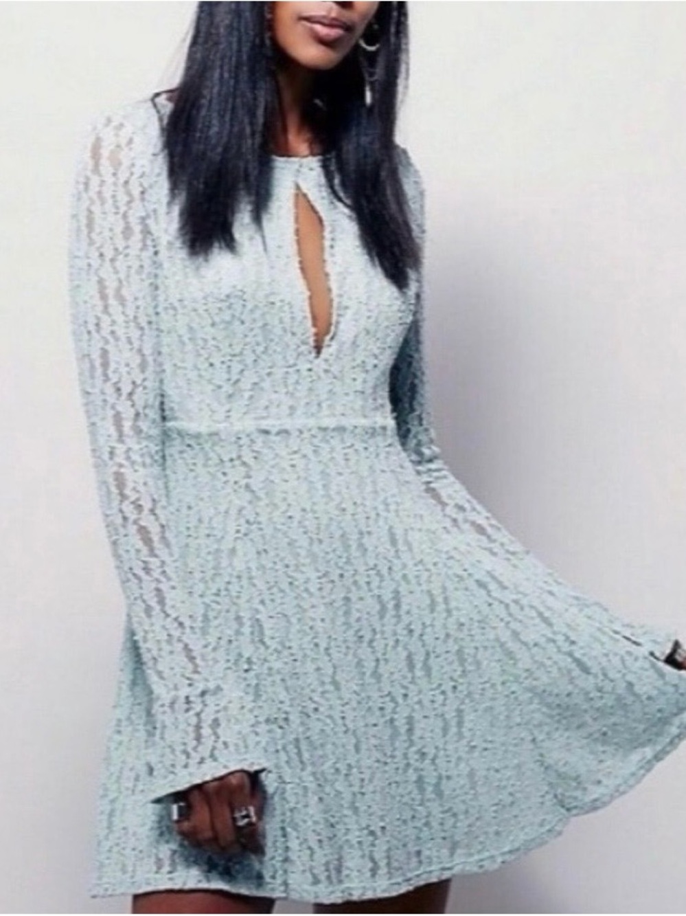 #830 Free People Beautiful Pale Foam Green Lace Keyhole Long Sleeve Dress. NWT